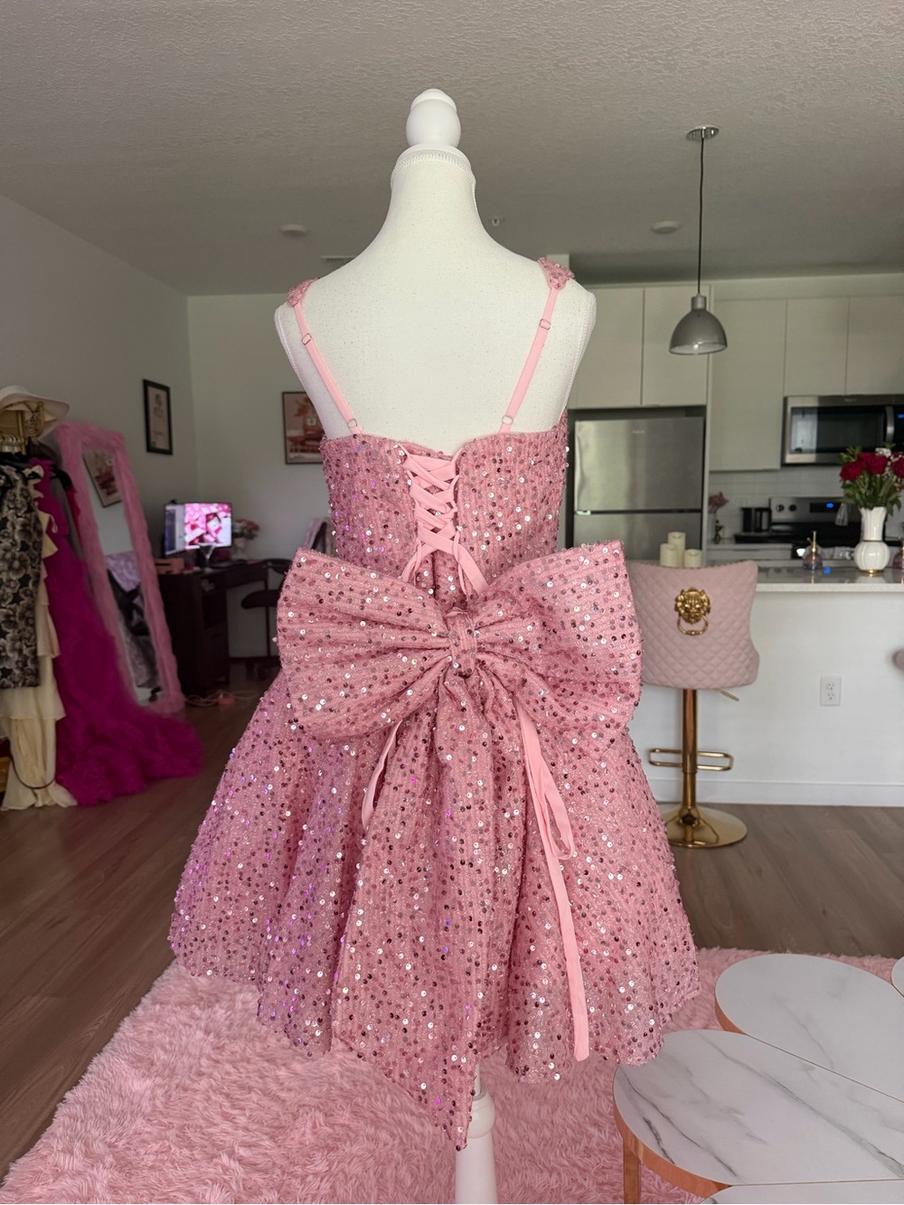 Women’s Sparkling Pink Sequin dress with detachable bow | wedding | prom| party